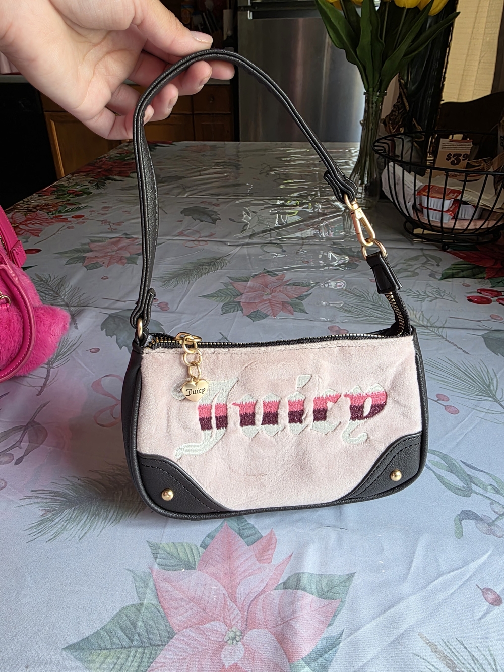 Juicy Couture Pale Pink Suede Mini Shoulder Bag with Black Trim